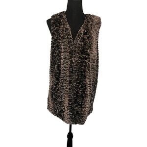 Betsey Johnson Faux Fur Long Vest Sz L Black Gray Fuzzy Sleeveless Textured
